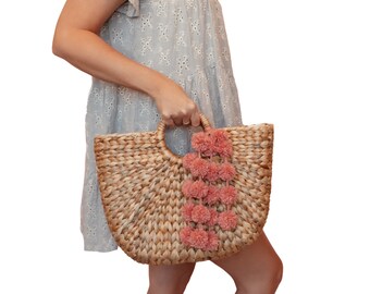 Straw Beach Bag, Beach Bag, Beach Tote, Pink Pom Poms, Pool Bag, Straw Bag, Women’s Gift, Summer Bag, Straw Tote, Honeymoon Bag, Vacation