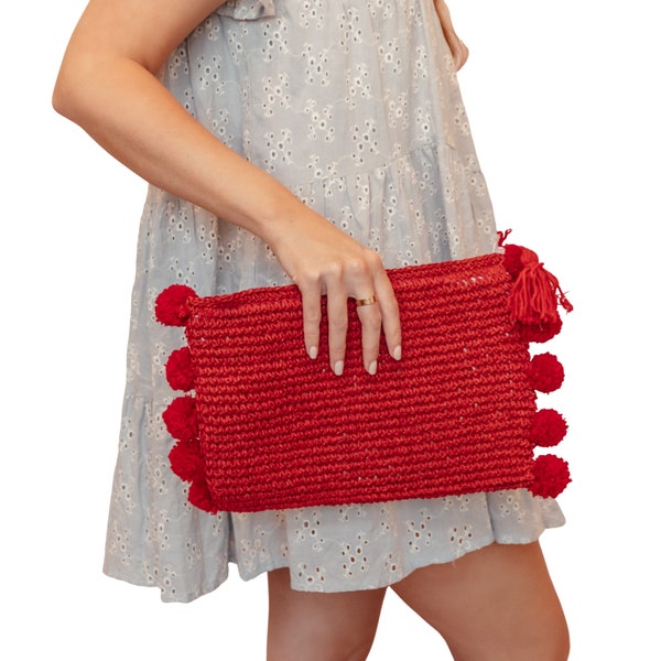 Red Pom Pom Clutch, Pouch, Seagrass Bag, Beach Bag, Woman's Purse, Pool Bag, Beach Pouch, Summer Clutch, Honeymoon, Beach Clutch, Tassel