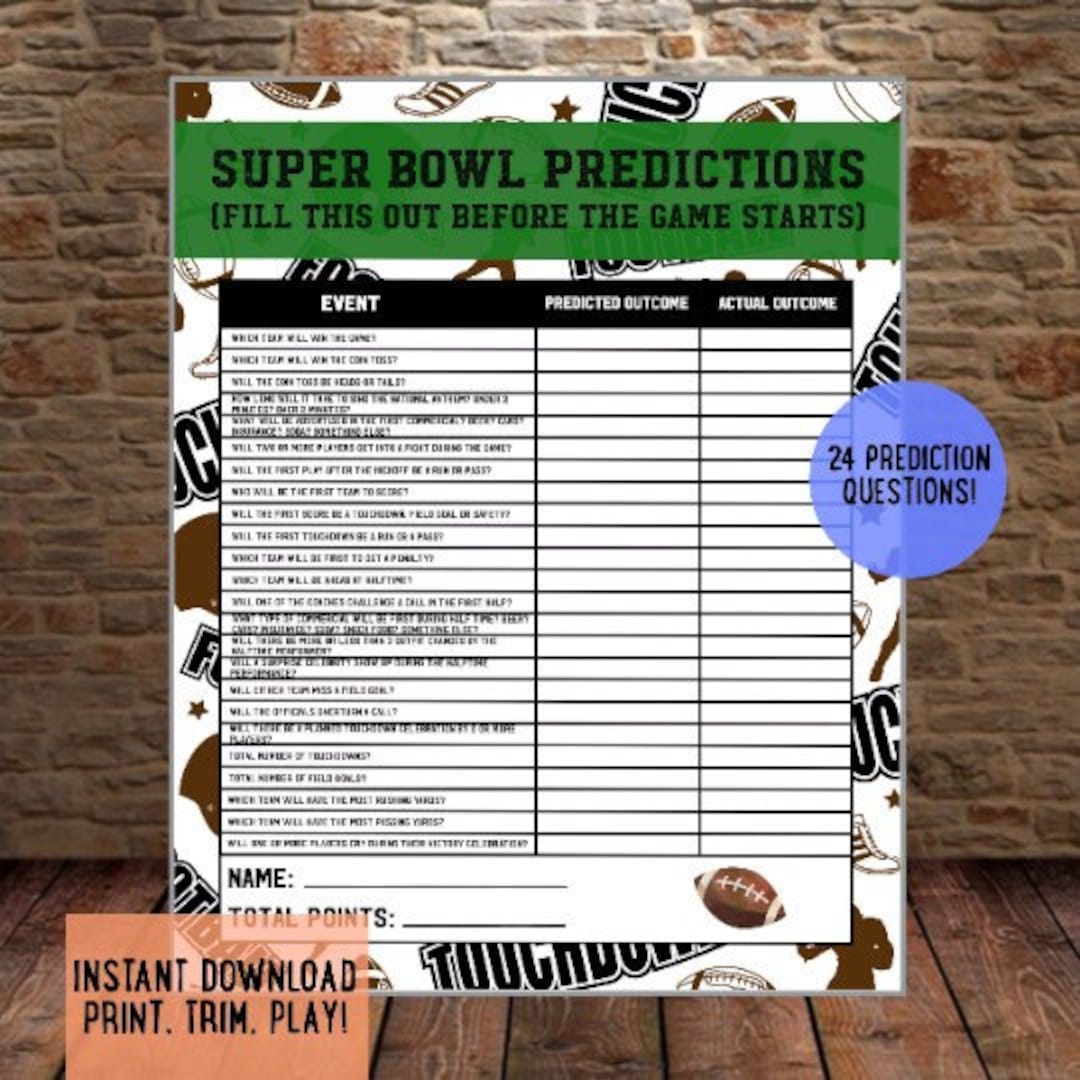 Super Bowl Prediction Game INSTANT DOWNLOAD Super Bowl Games Super Bowl