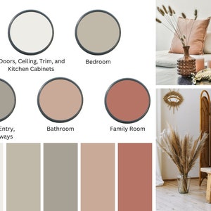 May include: A color palette for home decor with five paint colors: white, light gray, beige, light pink, and terracotta. The colors are shown in paint swatches and in a room setting with a couch, a screen, and a vase of dried flowers.