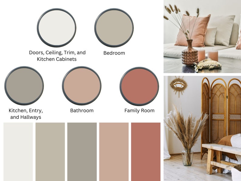 May include: A color palette for home decor with five paint colors: white, light gray, beige, light pink, and terracotta. The colors are shown in paint swatches and in a room setting with a couch, a screen, and a vase of dried flowers.