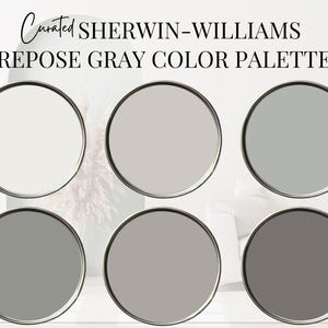 May include: A curated color palette of six Sherwin-Williams paint colors in shades of gray, from white to dark gray.  The colors are displayed in round paint chips.