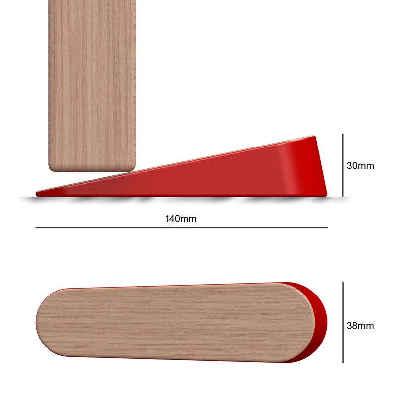 May include: Red wooden doorstop wedge with rounded edges. The wedge is 140mm long, 30mm high and 38mm wide.