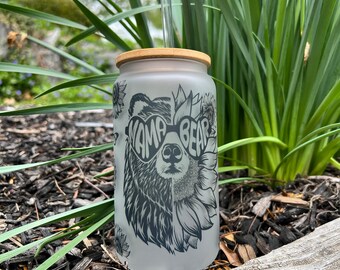 Mama Bear Tumbler, Mama Bear, Mama Bear 16oz glass tumbler, Mama Bear 16oz tumbler, tumbler with bamboo lid and straw, Mother's Day Gifts