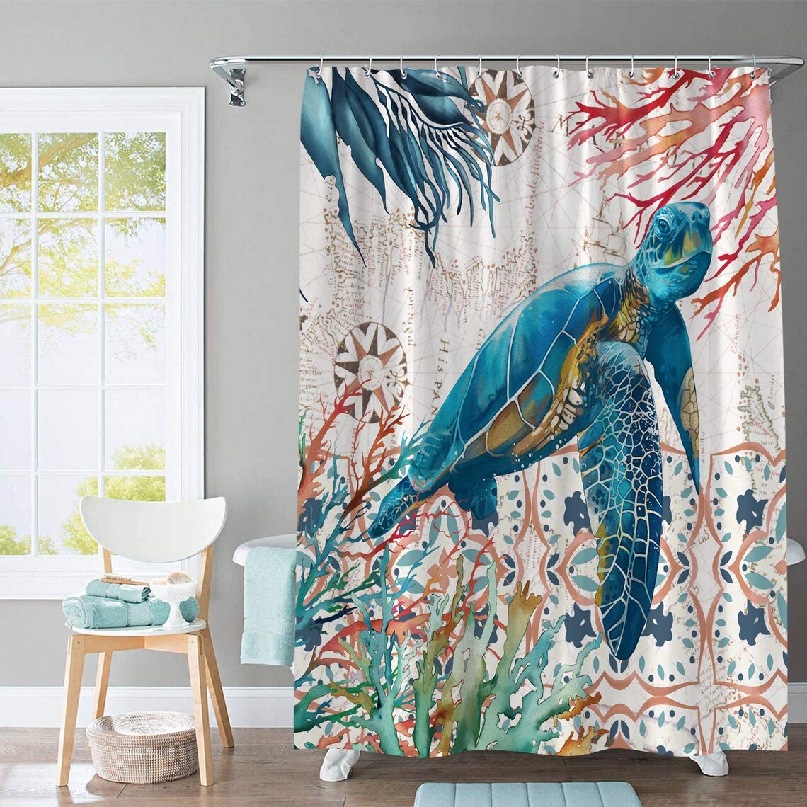 72 x 72 Inches Turtle Shower Curtain with 12 Hooks Coral Etsy