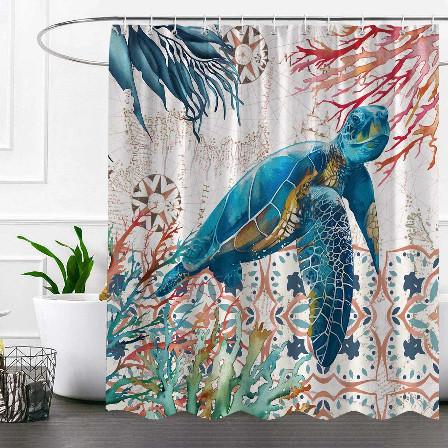 72 x 72 Inches Turtle Shower Curtain with 12 Hooks Coral Etsy
