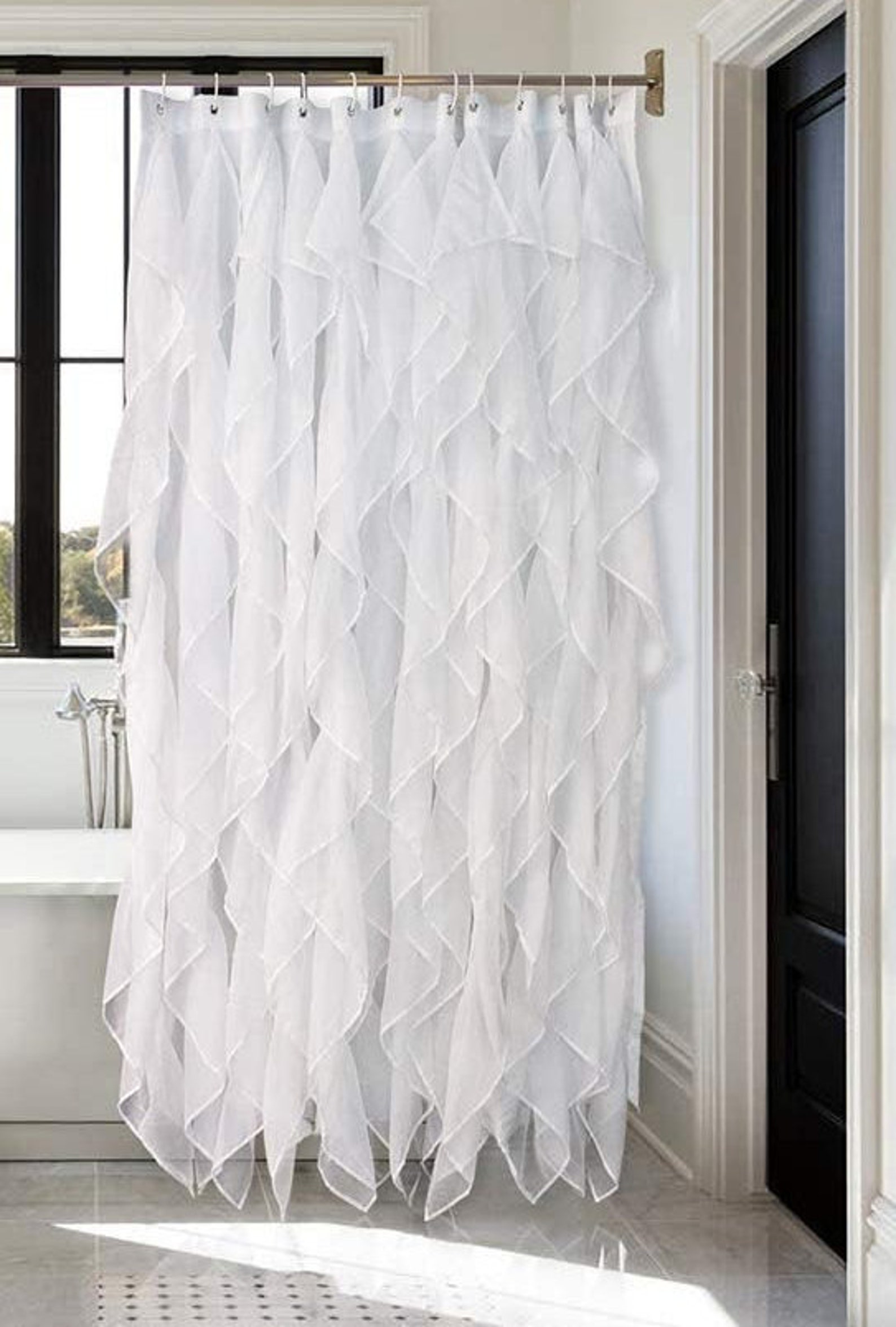 White Ruffle Shower Curtain Fabric/Cloth Farmhouse Bathroom Etsy