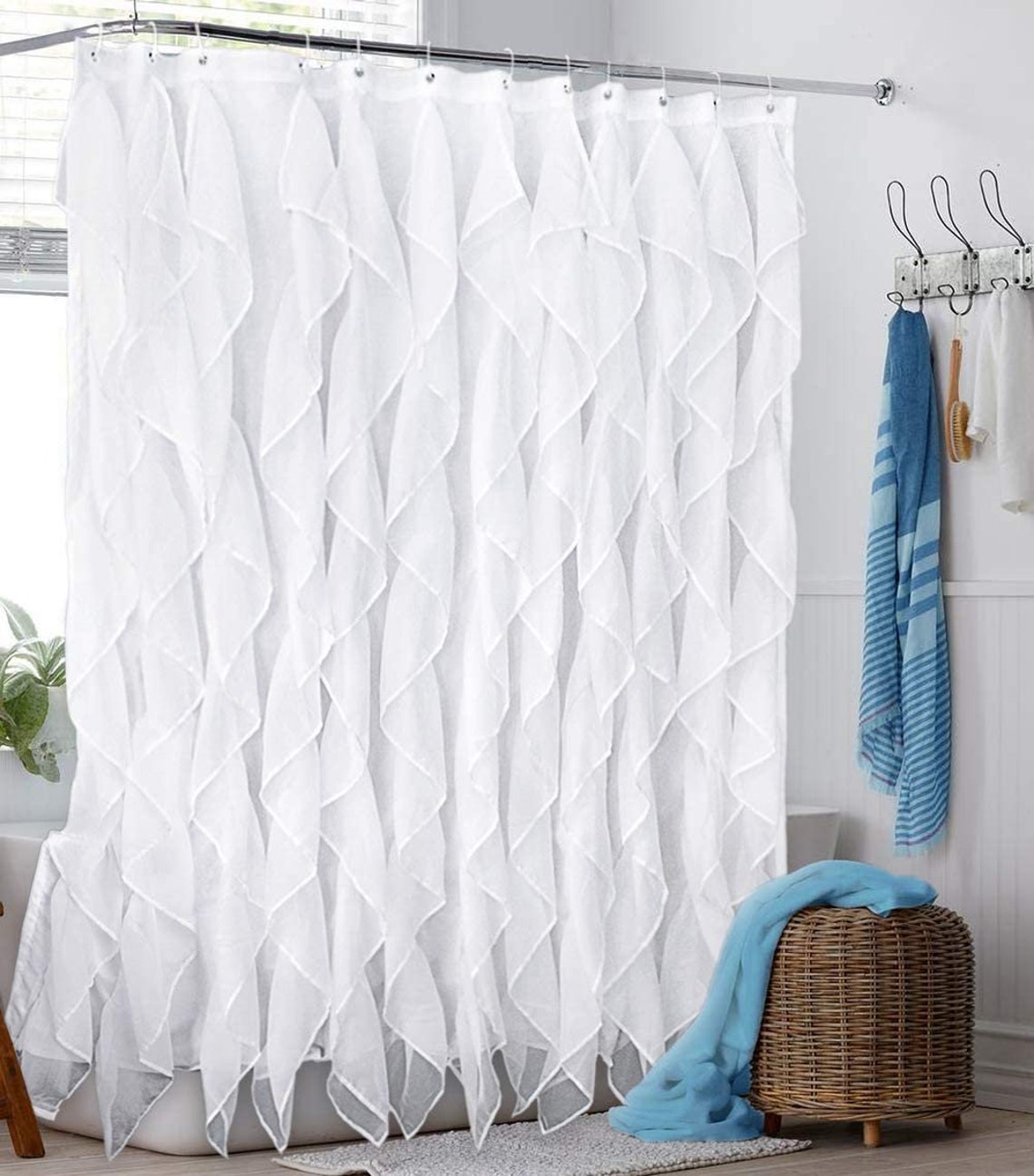 White Ruffle Shower Curtain Fabric/Cloth Farmhouse Bathroom Etsy