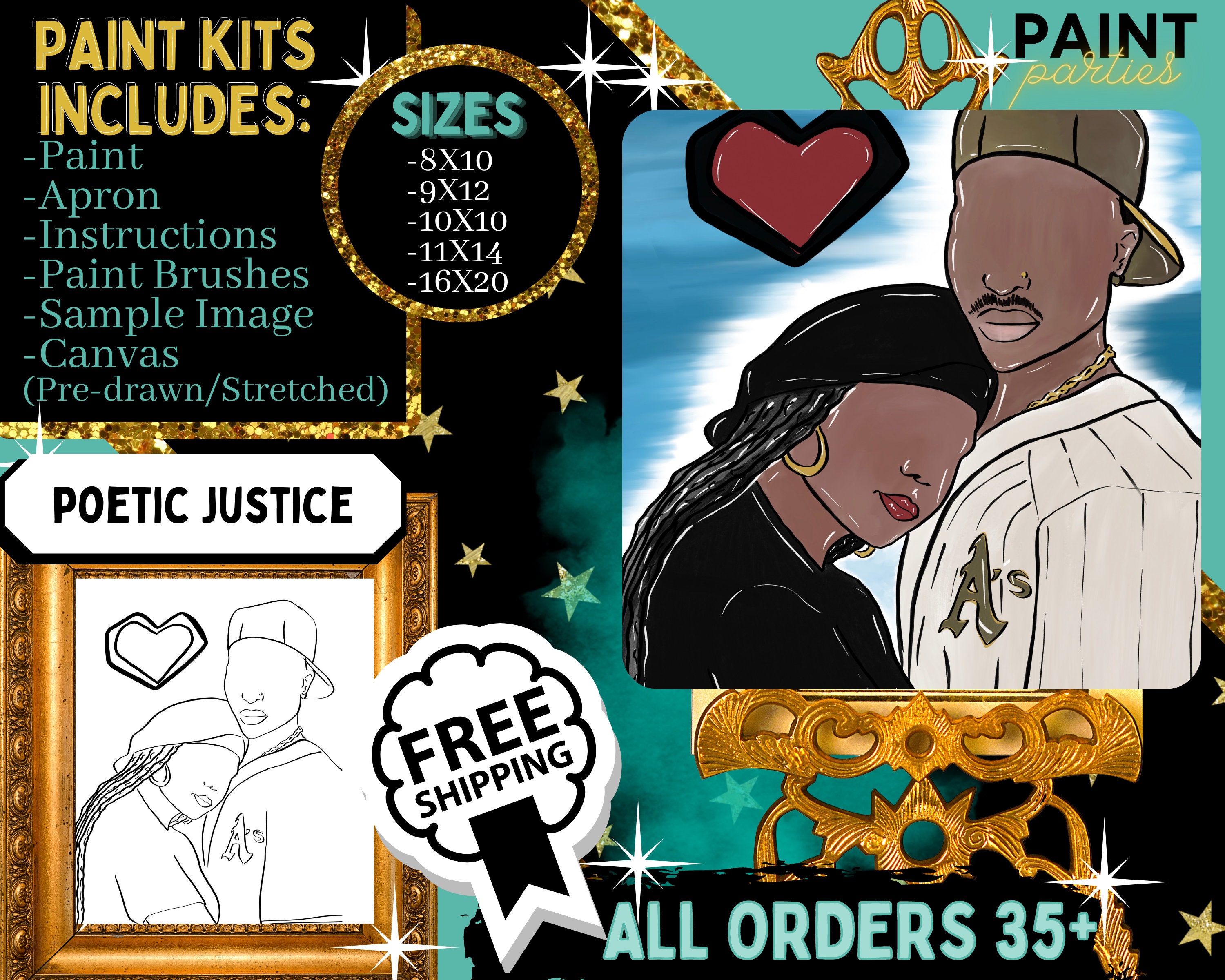 King/queen Back Date Night Paint Kit, His/her Pre-drawn/outline/sketched  Canvas Teen/adult/couples Painting, African, Paint & Sip,diy Paint 