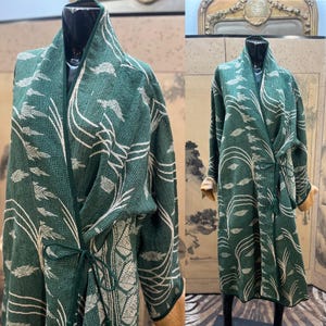 Forest Green Reversible Kantha Coat with Block Print