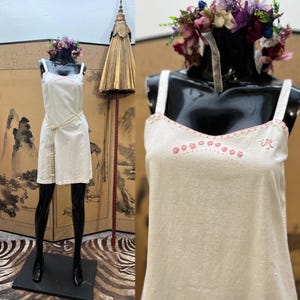 Vintage White Cotton Slip Dress with Pink Embroidery