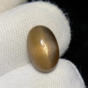 Puede incluir: Una gema pulida de forma ovalada, de color marrón dorado. La piedra tiene una superficie lisa con finas líneas internas y un aspecto reflectante y brillante. La gema se encuentra sobre un fondo de tela blanca.
