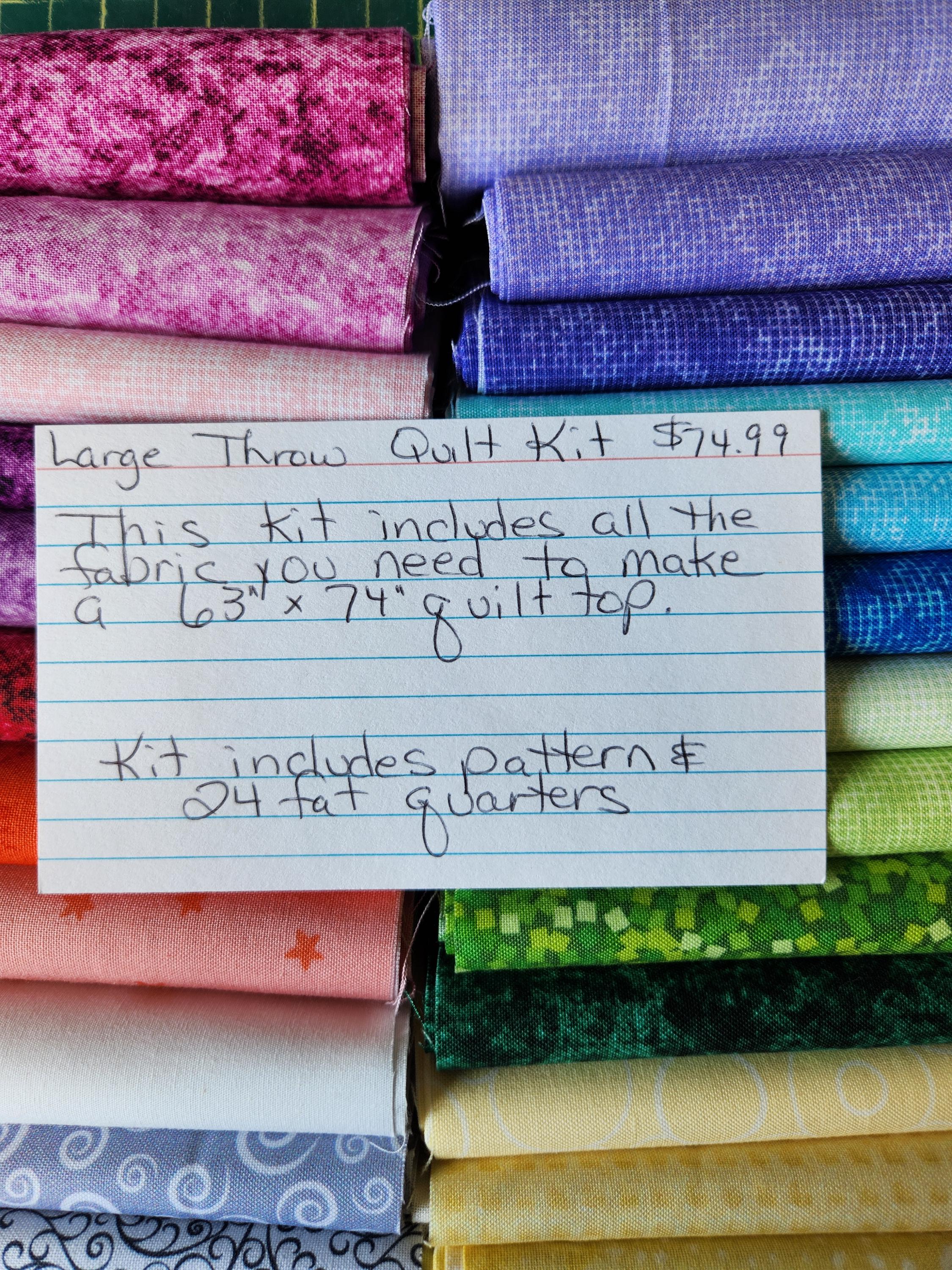 This throw size quilt kit provides you with the pattern and all the fabric you need to make your quilt top.  The possibilities are endless.
