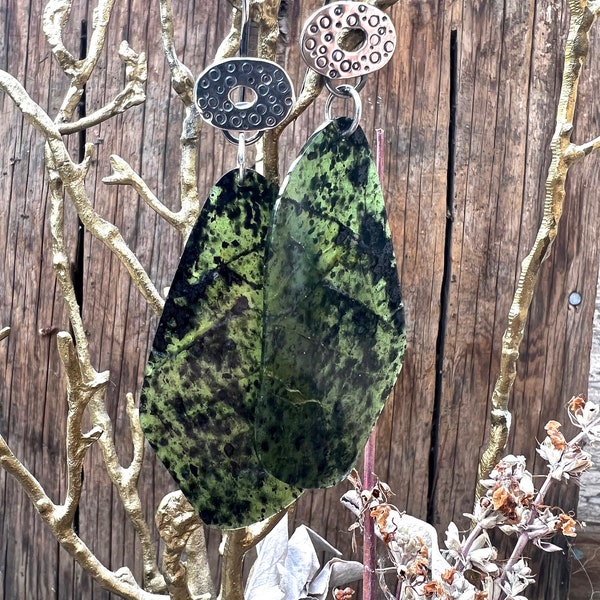 Big Sur Magnetite Jade and Sterling Silver Earrings (4 Inches Long)