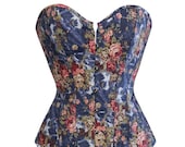 Woman Vintage Floral Denim Corset - Overbust Sexy Lingerie Top - Waist Cincher Body Shaper