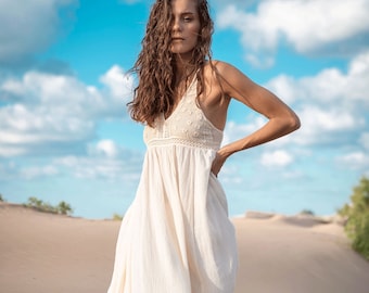 Elfenbein häkeln Strand Brautkleid, Boho Brautkleid, Open Back Maxi aus Bio-Baumwolle