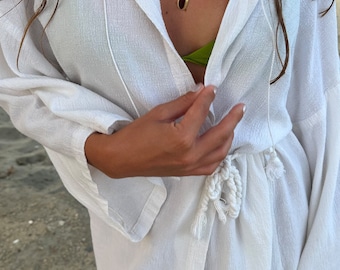 Caftán de algodón orgánico hecho a mano / Vestido largo kimono bohemio con flecos