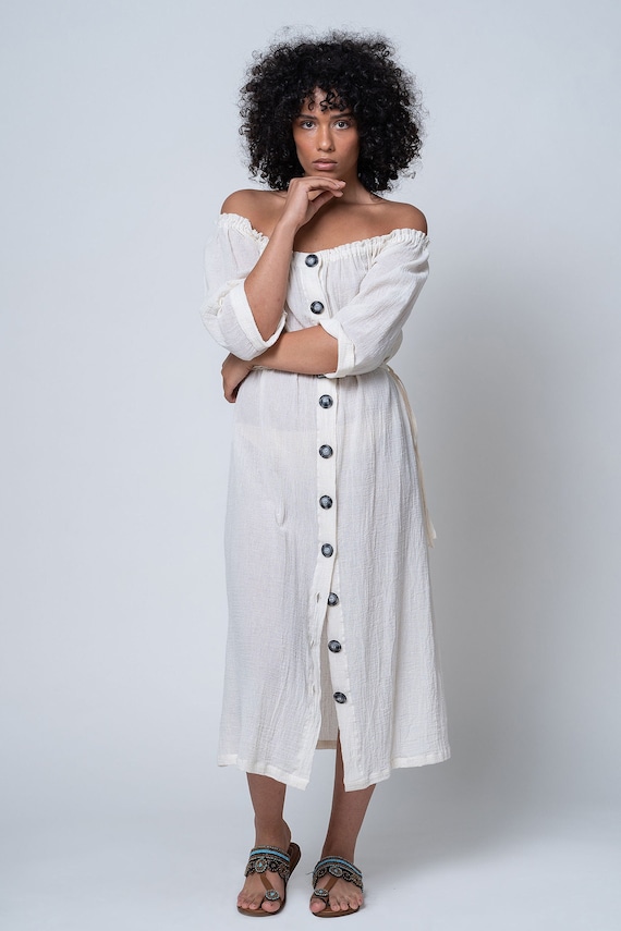 Handmade Vintage Dress 1940s Style Off shoulder Button through Long Sleeve Natural Dress Organic Cotton Dress Boho Chic Fashion Etsy