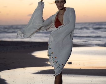 Chal de algodón tejido a mano, estilo bohemio playero, accesorio nupcial