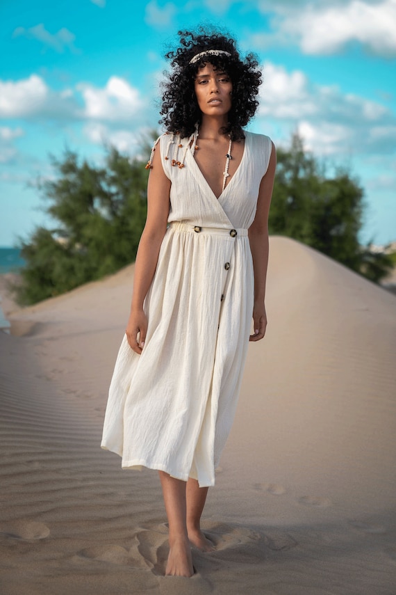 Organic Cotton Boho Summer Dress | Handmade Beige Midi - Etsy Australia