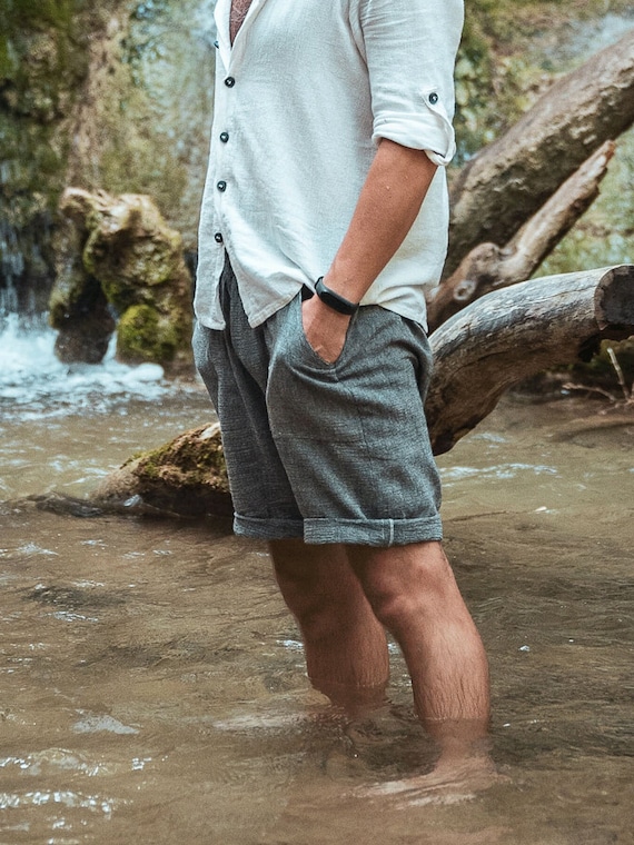 mens cotton dress shorts Summer Cotton Linen Shorts,mens Casual Pockets Cotton Shorts,loose Fit White & Gray Stripe Long Sleeve Button Down Shirt