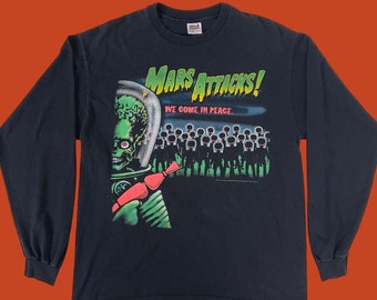 Mars Attacks Movie Shirt Vintage 90s Mars Attacks "We Come in Peace" T shirt Pre-Owned Long Sleeve Anvil Tee 22" x 28.5" Size L