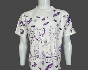 Vintage 90s Disney The Lion King Movie Mufasa Simba All Over Print AOP White Cotton T Shirt Pre-Owned 23.5" x 27" Size XL