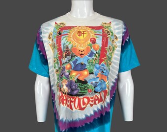 Vintage 1997 Grateful Dead China Rider Band Concert Garcia Liquid Blue Tie Dye Cotton T Shirt Pre-Owned 24" x 29.5" Size XL
