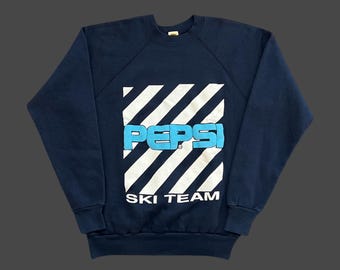 Vintage 80s Pepsi Cola Ski Team Beverage Drink Acrylic Cotton Pullover Crewneck Navy Sweatshirt 19" x 25" Size S