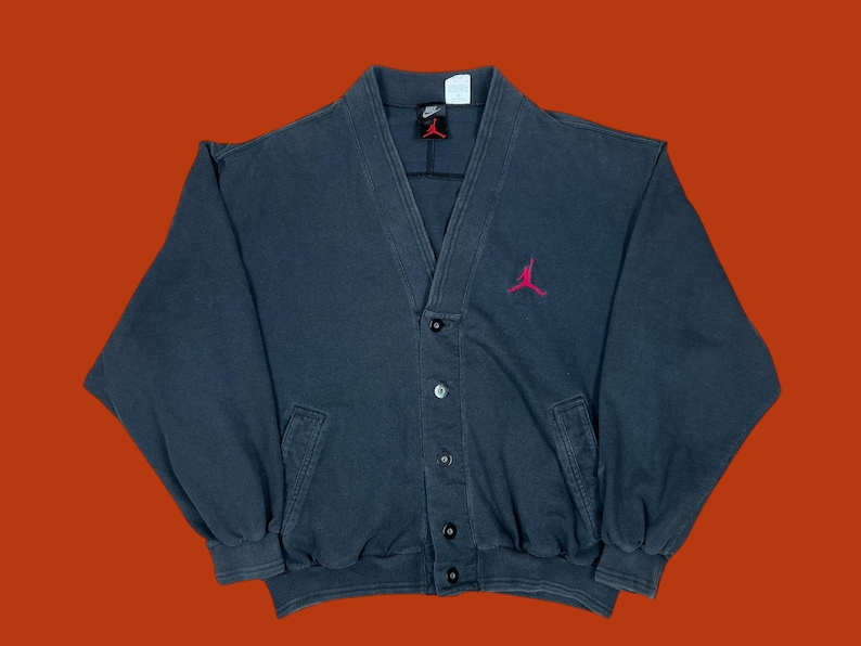 Vintage 90s Nike Air Jordan Jumpman Michael Jordan Black Cotton Cardigan Sweater Pre-Owned 23" x 25.5" Size M image 1