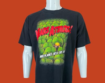 Vintage 90s Mars Attacks Nice Planet We'll Take It Goth Horror Movie Black Cotton T Shirt Pre-Owned 23" x 29.5" Size XL