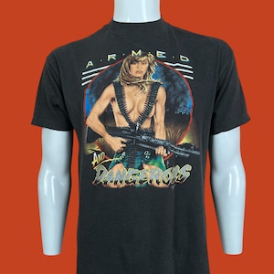 Vintage 1990 3D Emblem Armed and Dangerous Just Brass Single Stitch Biker Black T Shirt Pre-Owned 21.5&quot; x 28.5&quot; Size M