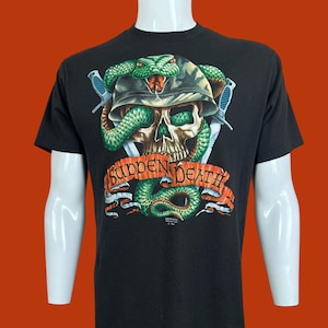 Vintage 1989 3D Emblem Just Brass Sudden Death Biker Single Stitch Made in USA Black T Shirt Pre-Owned 21&quot; x 29.5&quot; Size M