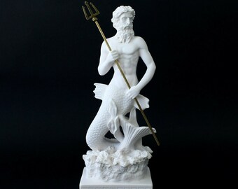Poseidon statue greek god of the sea 10.50"/26.50cm handmade white alabaster