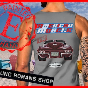 May include: A grey tank top featuring a red, white and blue graphic of a 1963 Corvette with the text "American Muscle" and "Hoola Hot Rod".