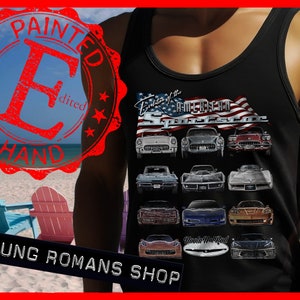 May include: Black tank top with a graphic of a red, white, and blue American flag with the text "Evolution of the American Sportscar" and a collage of different Corvette models. The text "Young Romans Shop" is printed at the bottom of the shirt.