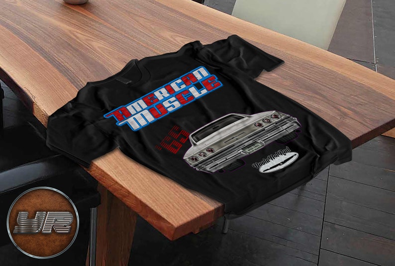 May include: Black t-shirt with a white classic car and the text "American Muscle" in red, white, and blue. The car has a red, white, and blue license plate that says "Old School Rod".