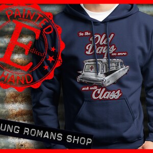 Classic ambulance car Hoodie,1960 Caddy Hearse,Deville,Eldorado,Miller Meteor ambulance Hoodie,obscure car nerd Hoodie,Halloween Car Hoodie