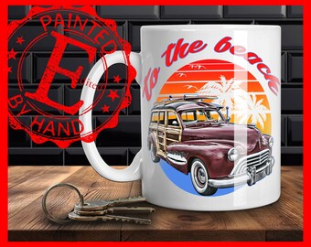 1940s Woody Wagon coffee mug,Surfer Woody Wagon,Beach Wagon,Classic Woodie Station Wagon car coffee mug,autumn Car coffee mug,Palm,Sunset