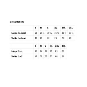 May include: Size chart in inches and centimeters for clothing. The chart shows the length and width measurements for sizes S, M, L, XL, 2XL, and 3XL.