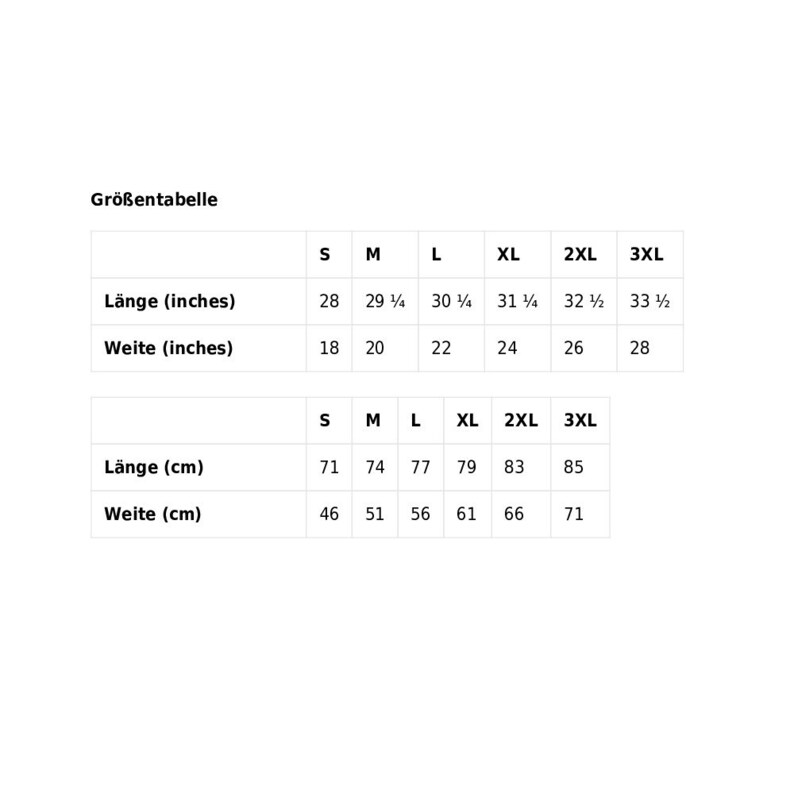 May include: Size chart in inches and centimeters for clothing. The chart shows the length and width measurements for sizes S, M, L, XL, 2XL, and 3XL.