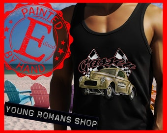 Gasser dragster tank top,classic fat fenders coupe tank top,gasser drag racing car tank top,1940s dragster,racing flags,wheel stand launch