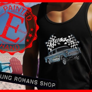 1955 Belair Gasser tanktop,tri-five tank-top,tri five Gasser dragster tanktop,1950s drag racing tanktop,racing flags,wheel stand launch