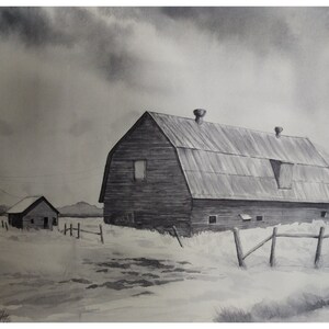 Black and White Barn, Watercolor Painting, Original Hand-Painted Art (20&quot;x18&quot;), Watercolor Art, Rustic Decor, Watercolor Landscape