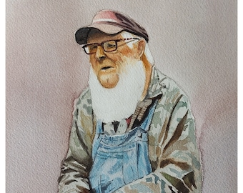 Appalachian Man, Watercolor Painting, Original Hand-Painted Art (5"x7"), Watercolor Art, Portrait Painting, Appalachia Decor