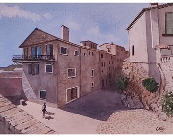 Old Town Antibes, Watercolor Painting, Original Hand-Painted Art (12"x9"), Watercolor Art, French Riviera, France, Charming Artwork