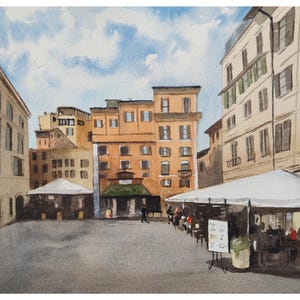 Rome Piazza, Watercolor Painting, Original Hand-Painted Art (14&quot;x10&quot;), Watercolor Art, Italy Painting, European Artwork, Italian Cafe Scene