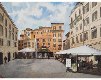 Rome Piazza, aquarelschilderij, originele handgeschilderde kunst (14 &quot;x 10&quot;), aquarelkunst, Italië schilderij, Europees kunstwerk, Italiaanse caféscène