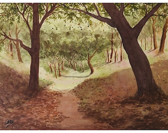 May include: A watercolor painting of a path leading through a forest. The path is lined with trees on both sides, and the sunlight shines through the leaves. The trees are painted in shades of green and brown, and the path is a light brown color.