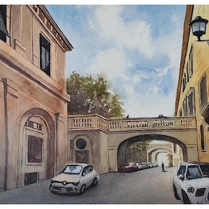 Calles romanas, acuarela, obra original pintada a mano (35,5 x 25,4 cm), arte europeo, paisaje urbano italiano
